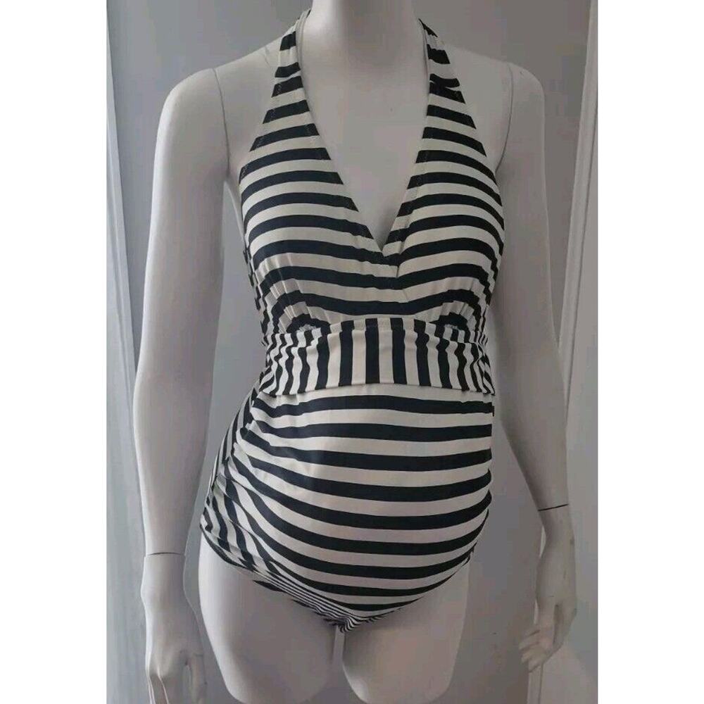 Motherhood Maternity Womans Halter Top Striped Sz. M One-Piece Swimsuit